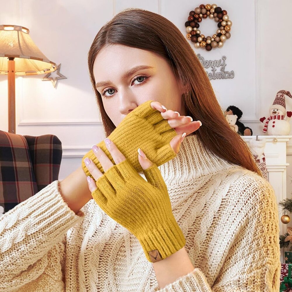 Women's Pure-Yellow Half Fingers Fingerless Cozy Lining Knitted Mittens Gloves - Picture 5 of 5